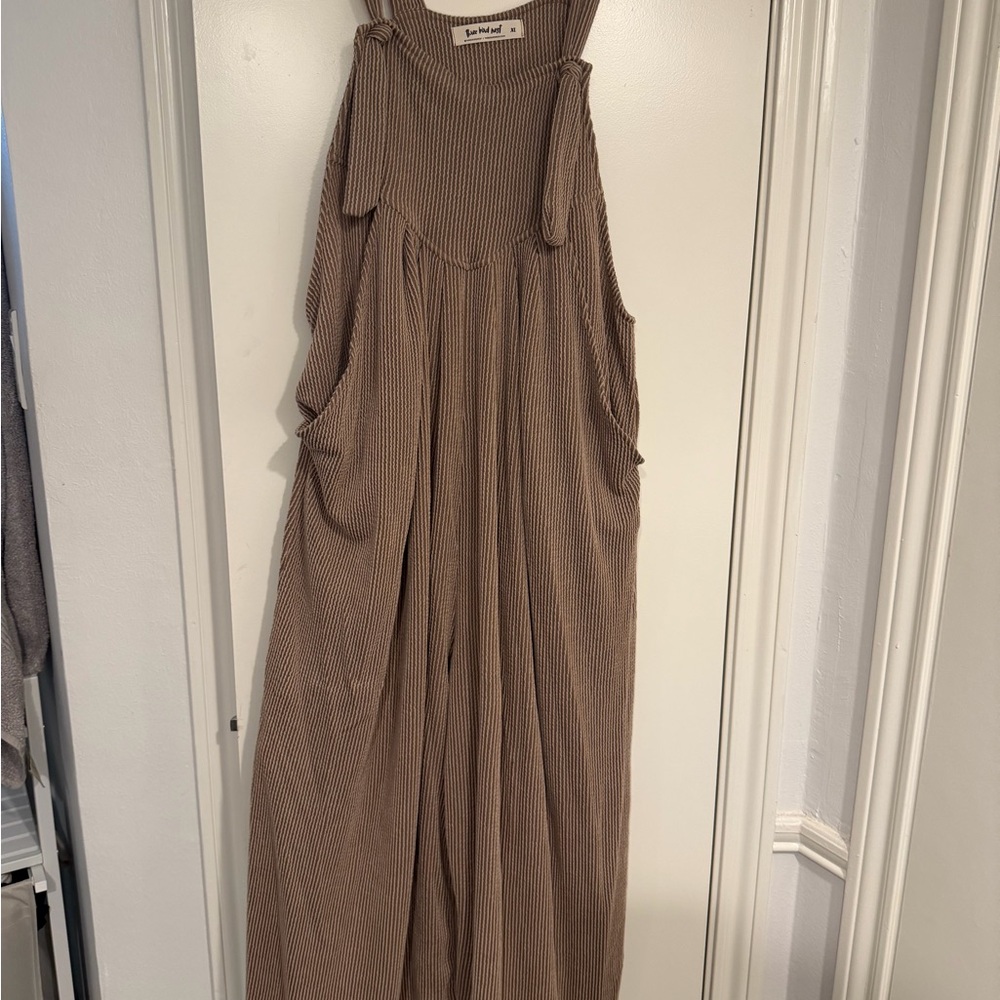 Three Bird Nest Taupe Ribbed Wide-Leg Jumpsuit